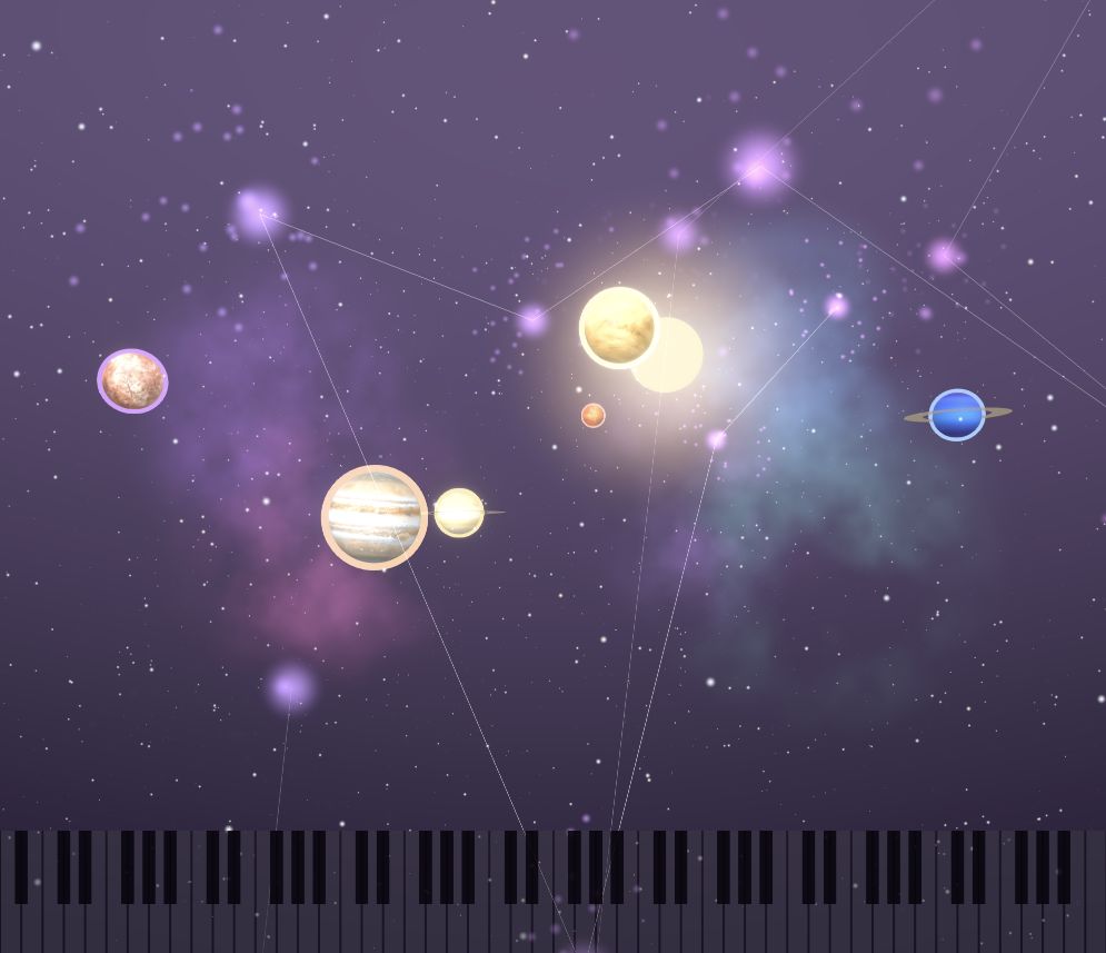 Galaxy scene with planets and constellations above an on-screen piano