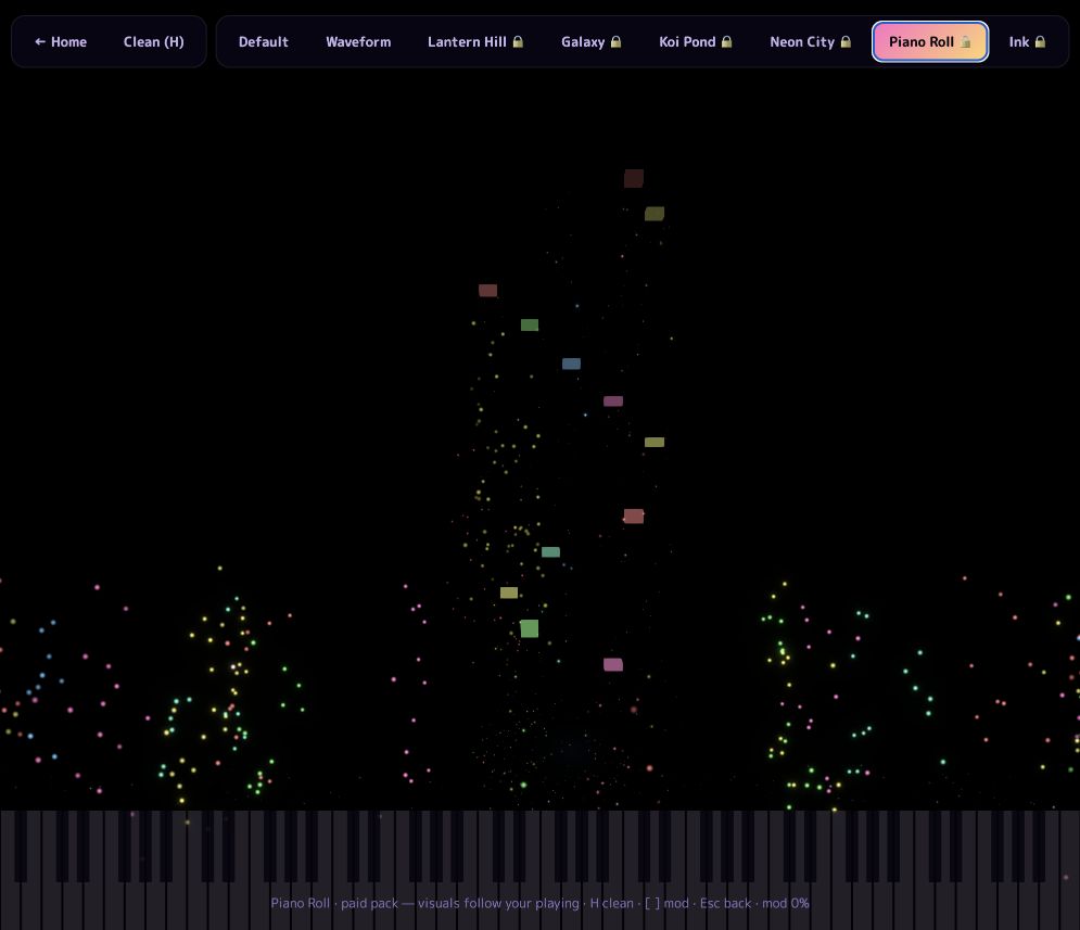 Piano Roll scene with falling notes, colorful particles, and an on-screen keyboard